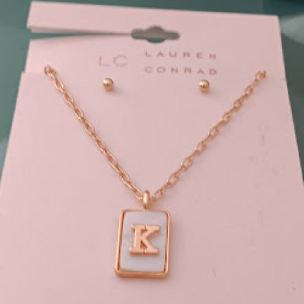 LC LAUREN CONRAD 2pc SET Gold Mother of Pearl 'K' Initial Necklace/Stud Earrings